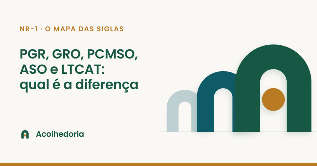Capa do artigo: PGR, GRO, PCMSO, ASO e LTCAT. Três arcos da Acolhedoria em camadas, em tons claro, petróleo e verde, com círculo âmbar no vão do maior
