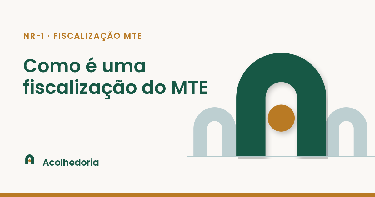 Capa oficial Acolhedoria: Como é uma fiscalização do MTE; template brand com arcos portal e círculo âmbar