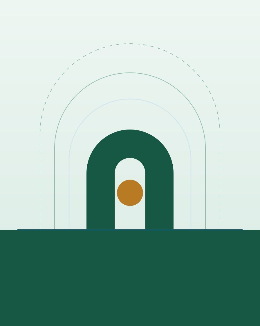 Ilustração da marca Acolhedoria: um arco verde abrigando um círculo âmbar, cercado por arcos mais claros